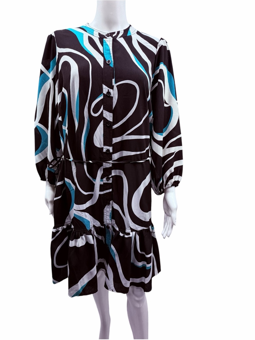 Nine West Button Front Drop Waist Tiered Ruffle Hem Dress